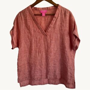 Isaac Mizrahi 100% Linen V-Neck Top Medium Coral Pink